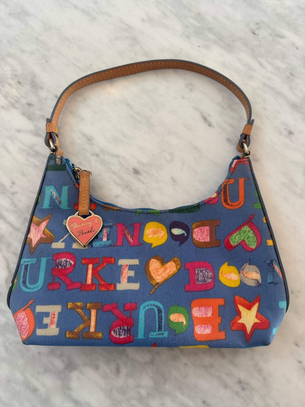 Vintage Dooney & Bourke Multicolor Alphabet Print Blue Mini Hobo